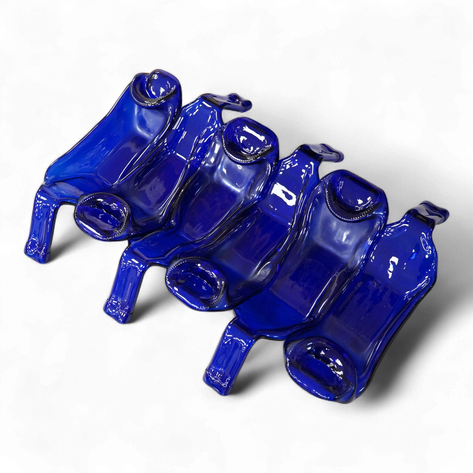 A Mary Canny six sectioned blue bottle art glass tray, 36.5cm deep x 51cm wide